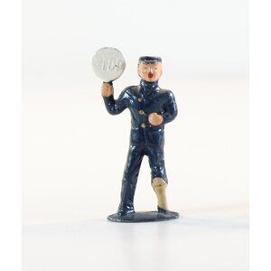 Barclay Lead Figure, Train Conductor Holding Sign, 1950s, 1.75" Tall